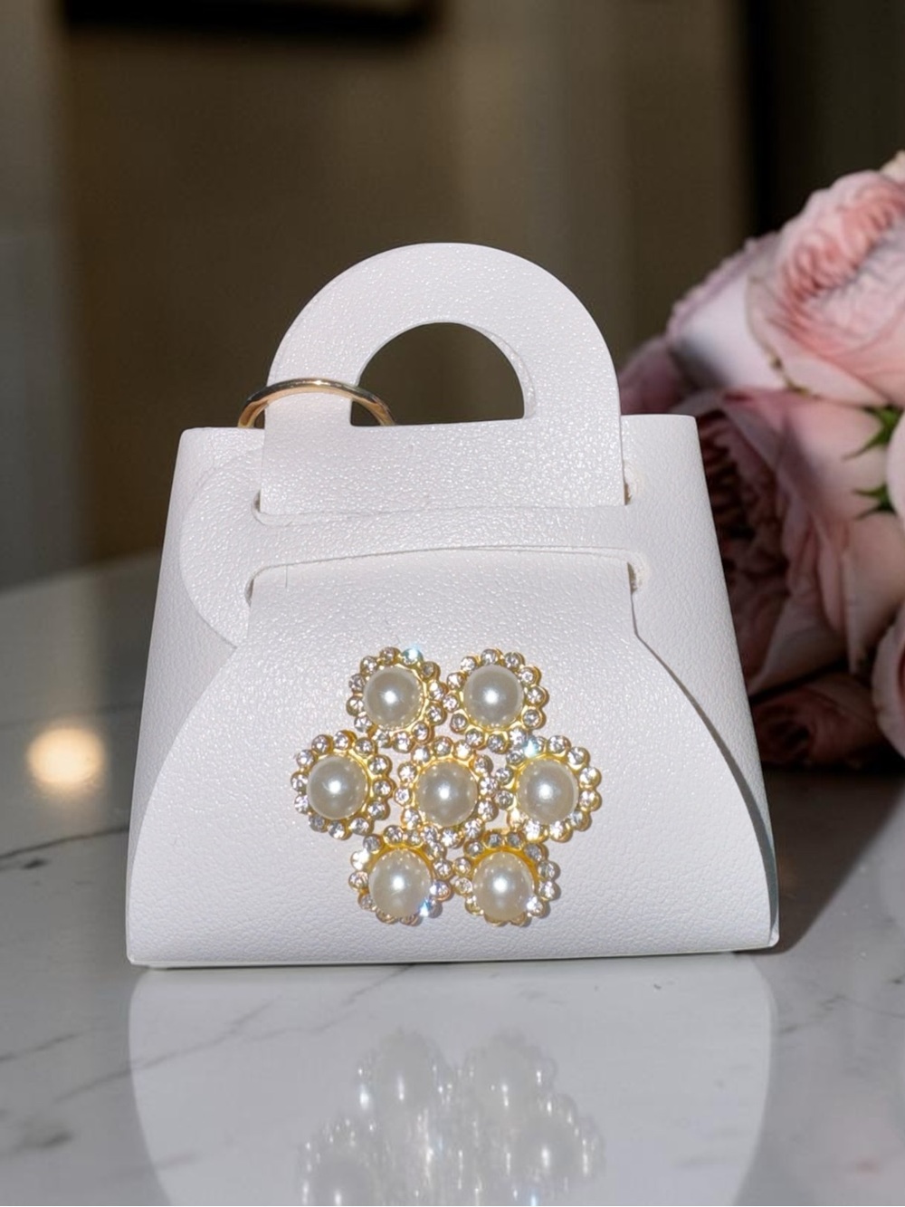 Handcrafted White Faux Leather Mini Bag Keychain with Pearl-Embellished NWOT